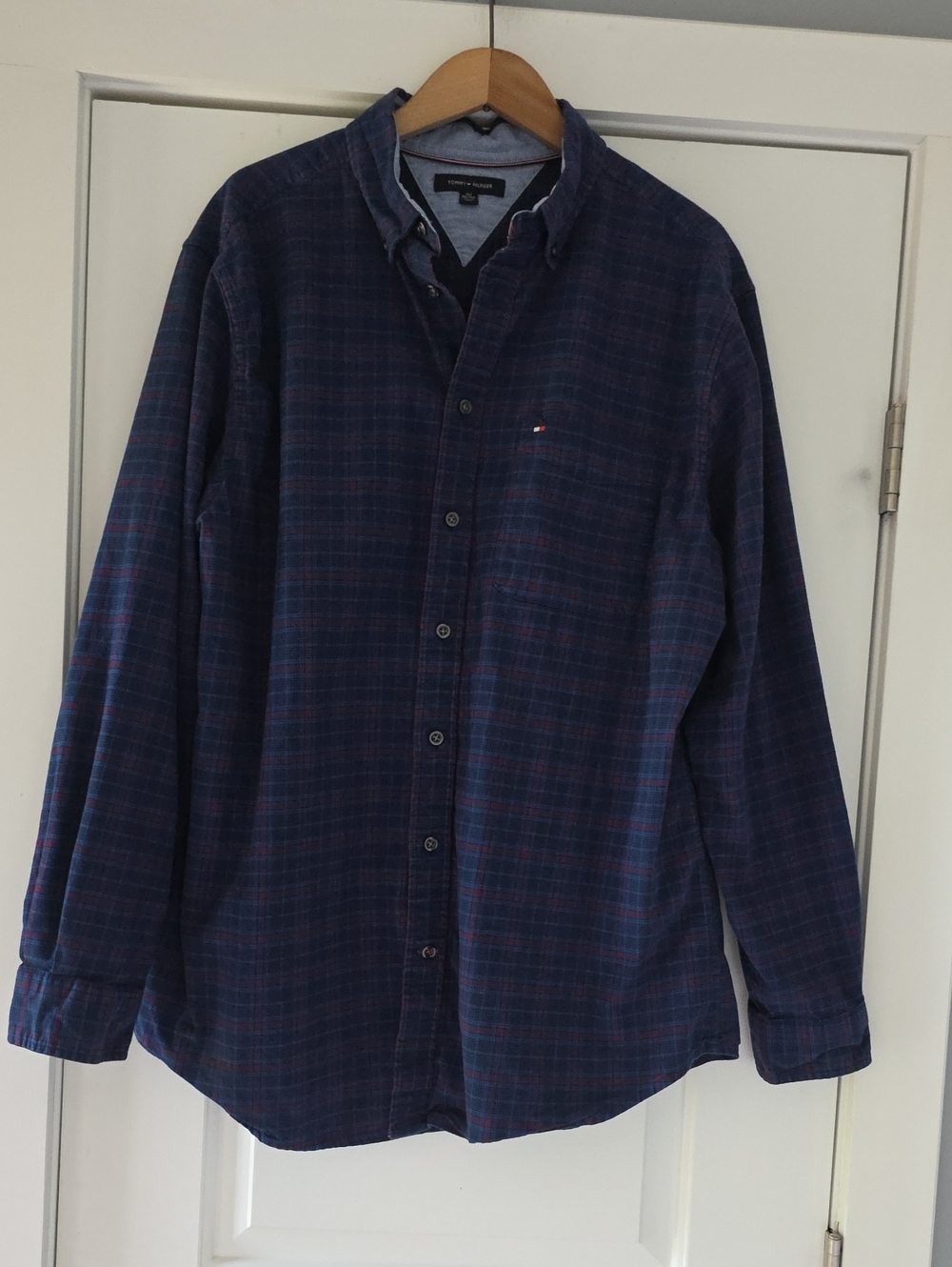 XLT...Tommy Hilfiger Navy and Red Plaid Long-Sleeve Button-Down Shirt